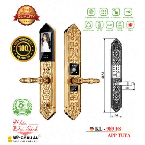 Khóa Đại Sảnh Kassler KL-989FS Mạ Vàng 24K – Face ID 3D, Vân Tay, App Tuya, Đồng Đúc Nguyên Khối