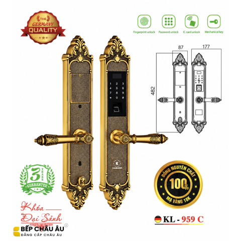 Khóa Đại Sảnh Kassler KL-959C Đồng Nguyên Khối Mạ Vàng 18K – Vân Tay, Mật Mã, Thẻ Từ, Thiết Kế Hoàng Gia