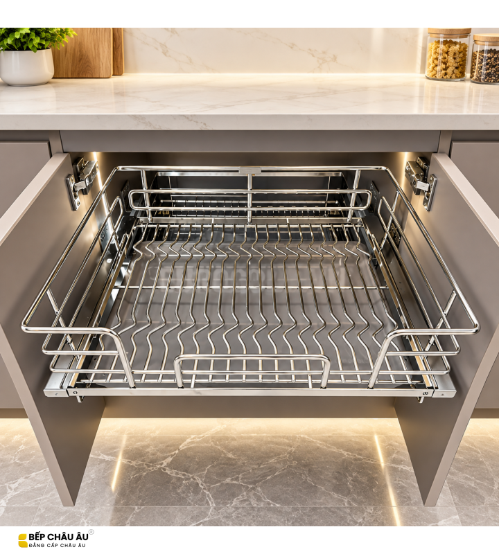 Giá Xoong Nồi Nan Oval Âm Tủ EUROGOLD Inox 304 – Gắn Cánh, Ray Giảm Chấn