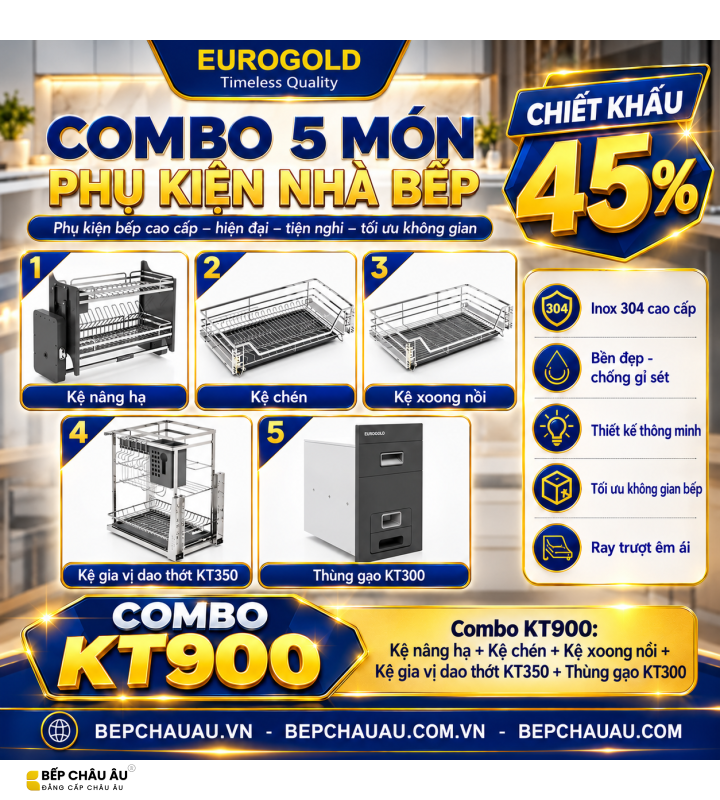 COMBO 5 MÓN PHỤ KIỆN NHÀ BẾP EUROGOLD NAN DẸT – INOX 304 CAO CẤP