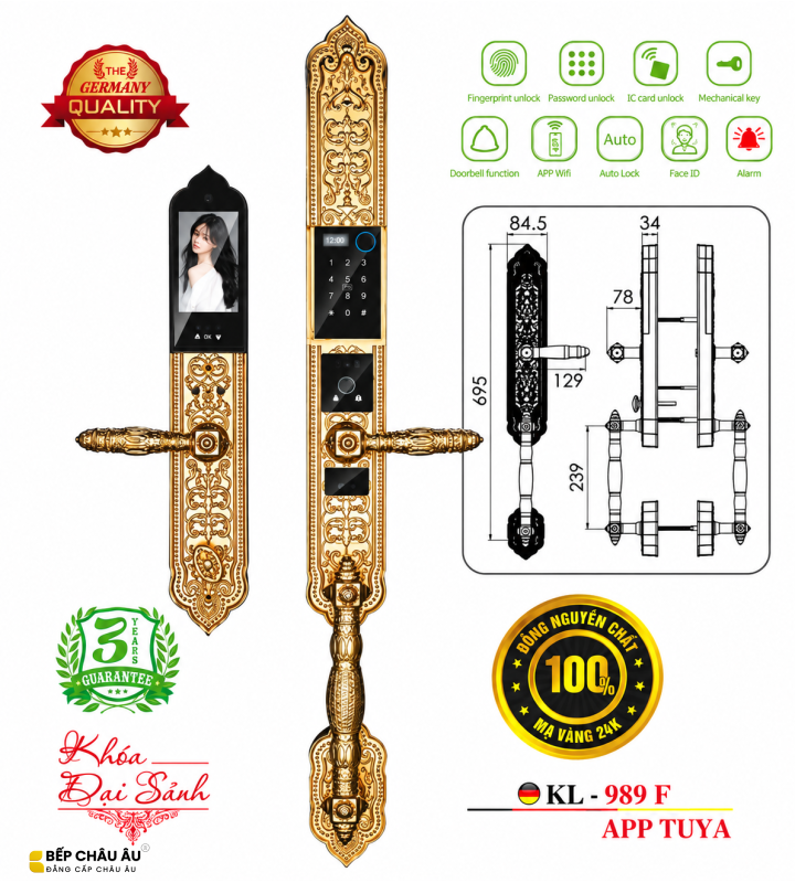 Khóa Đại Sảnh Kassler KL-989F Mạ Vàng 24K – Face ID 3D, Vân Tay, App Tuya, Đồng Đúc Nguyên Khối