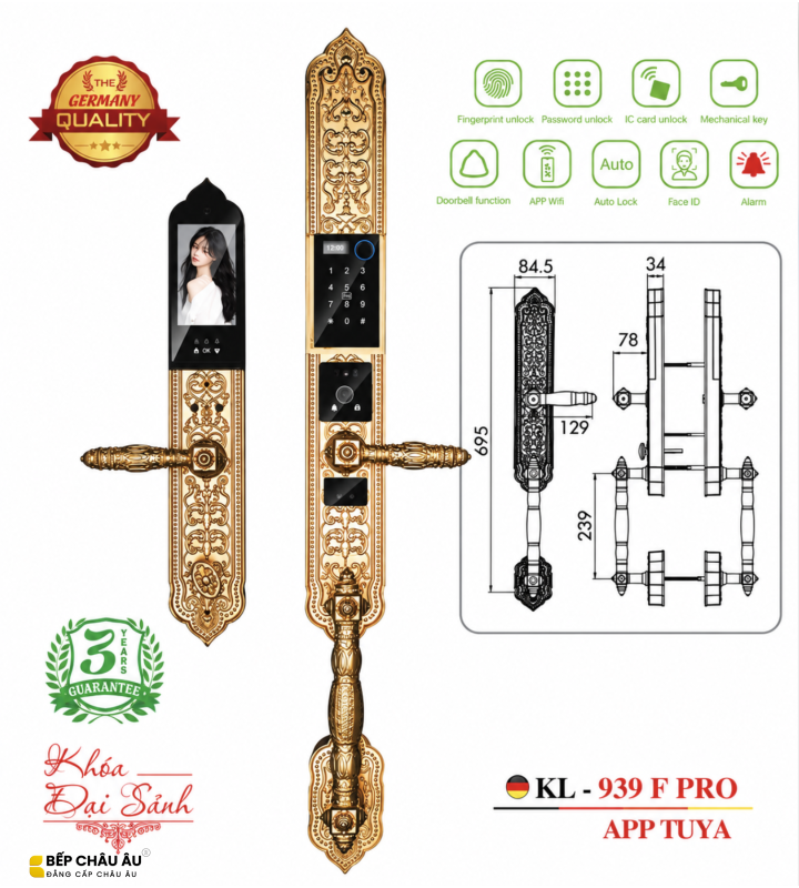 Khóa Đại Sảnh Kassler KL-939F PRO Mạ Vàng 24K – Face ID 3D, Vân Tay, App Tuya, Thiết Kế Hoàng Gia